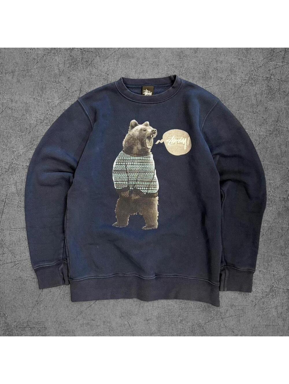 Stussy Navy Bear Graphic Crewneck Sweatshirt